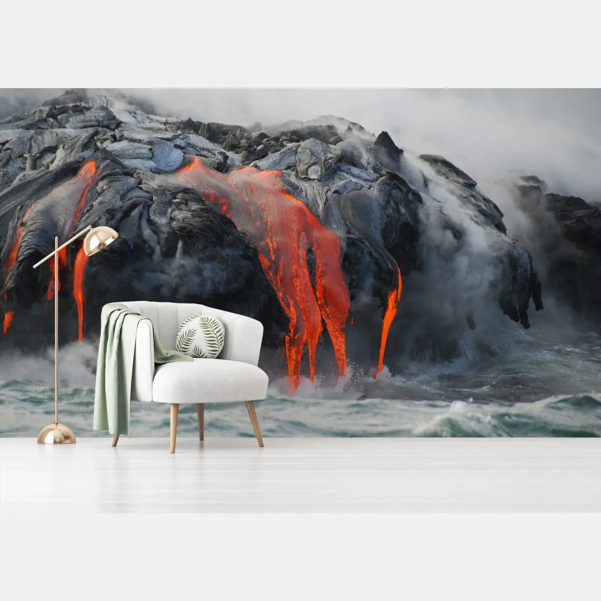 Wall mural molten lava flowing into the ocean • Wallissimo®