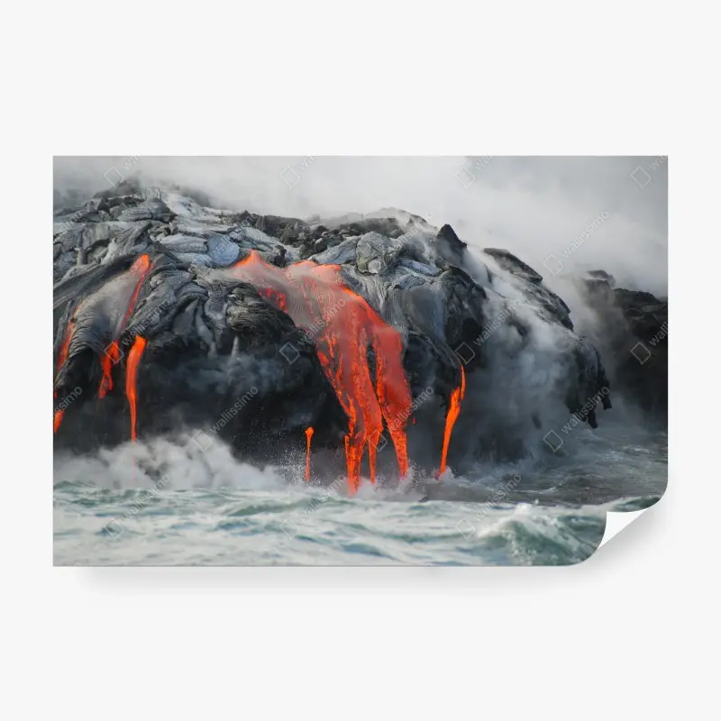 Wall mural molten lava flowing into the ocean