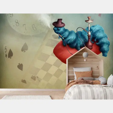 Wall mural hookah-smoking caterpillar on mushroom • Wallissimo®