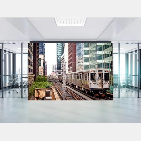 Wall mural downtown elevated train cityscape • Wallissimo®