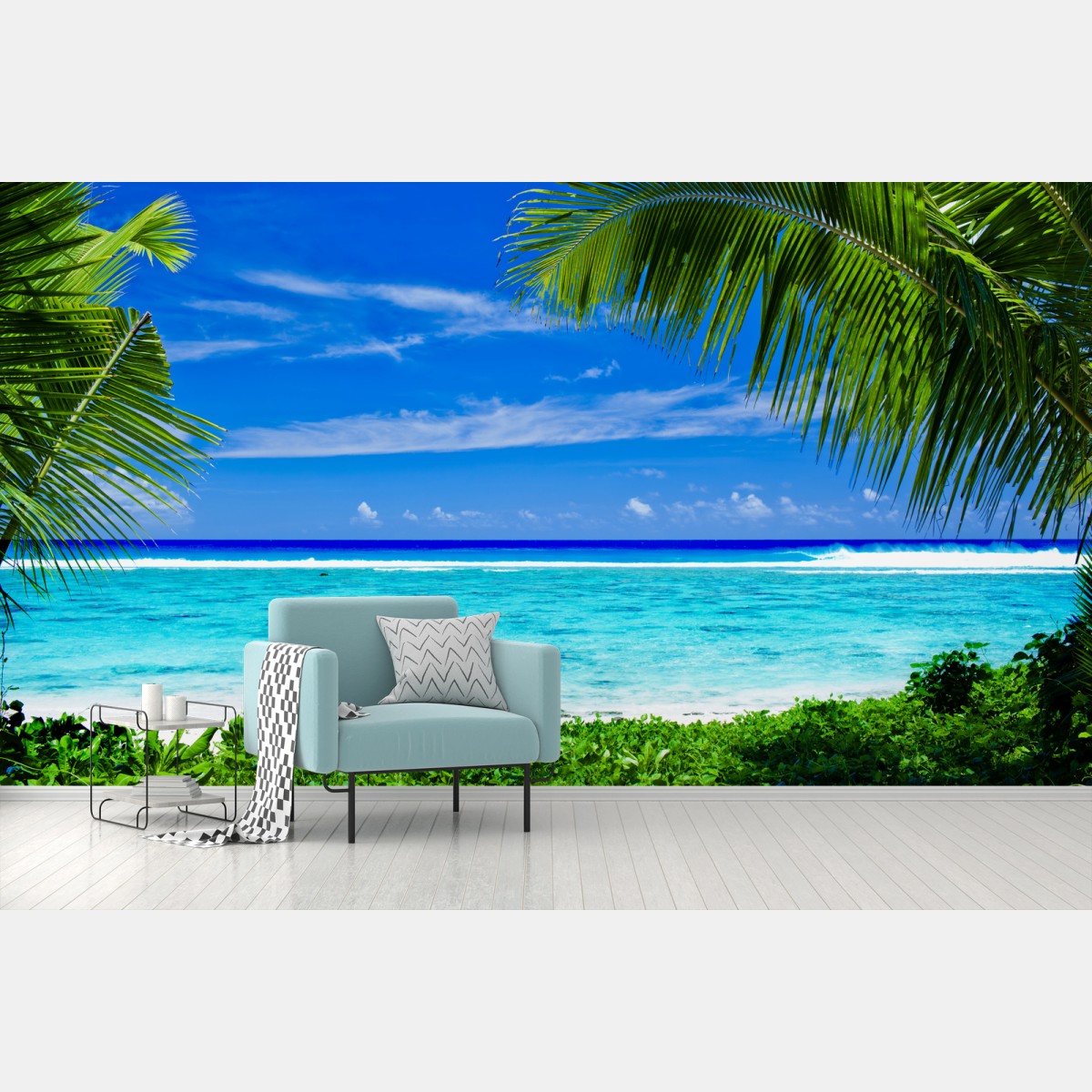 Wall mural tropical lagoon framed by palm trees • Wallissimo®