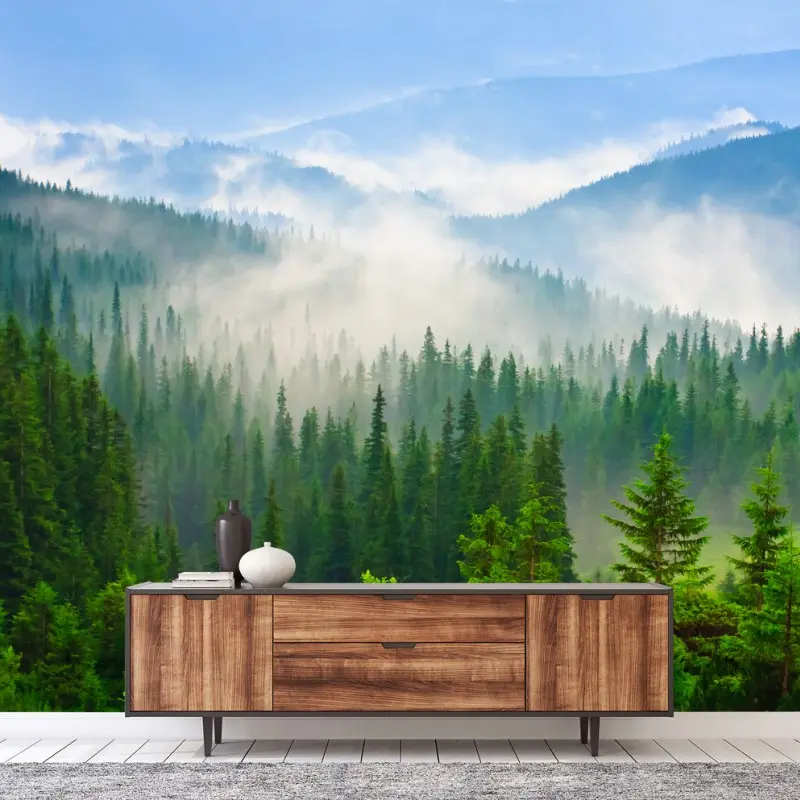 Wall mural Carpathian mist over evergreen mountains