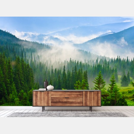 Wall mural Carpathian mist over evergreen mountains • Wallissimo®
