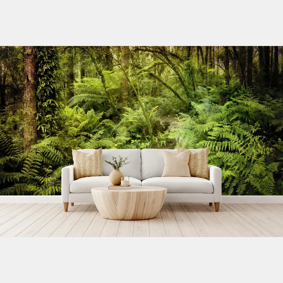 Wall mural lush fern rainforest path • Wallissimo®