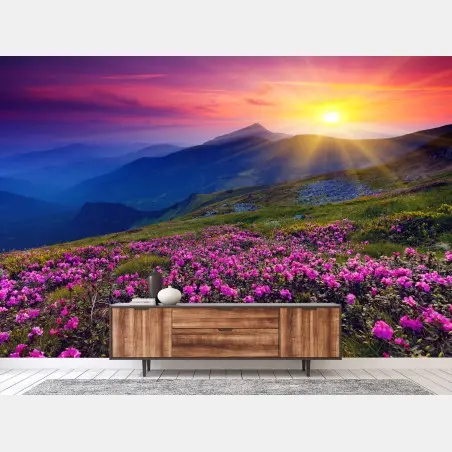 Wall mural pink rhododendron mountain sunrise • Wallissimo®
