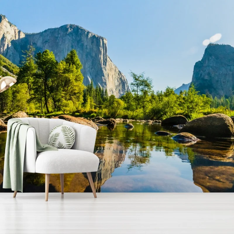 Wall mural tranquil mountain river reflection • Wallissimo® Wall mural tranquil mountain river reflection • Wallissimo®