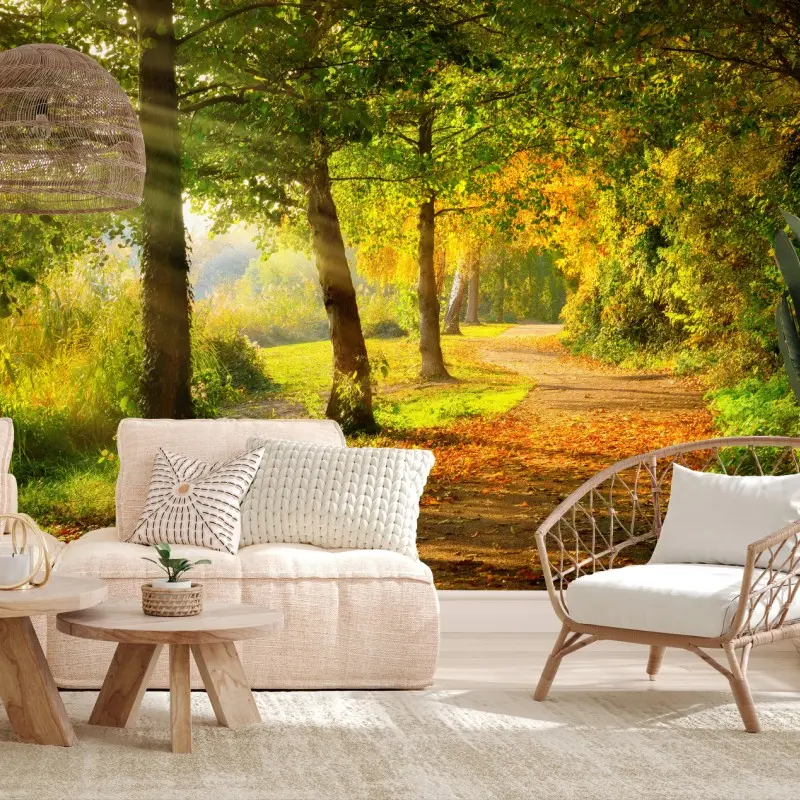 Wall mural autumn sunbeams along a park path