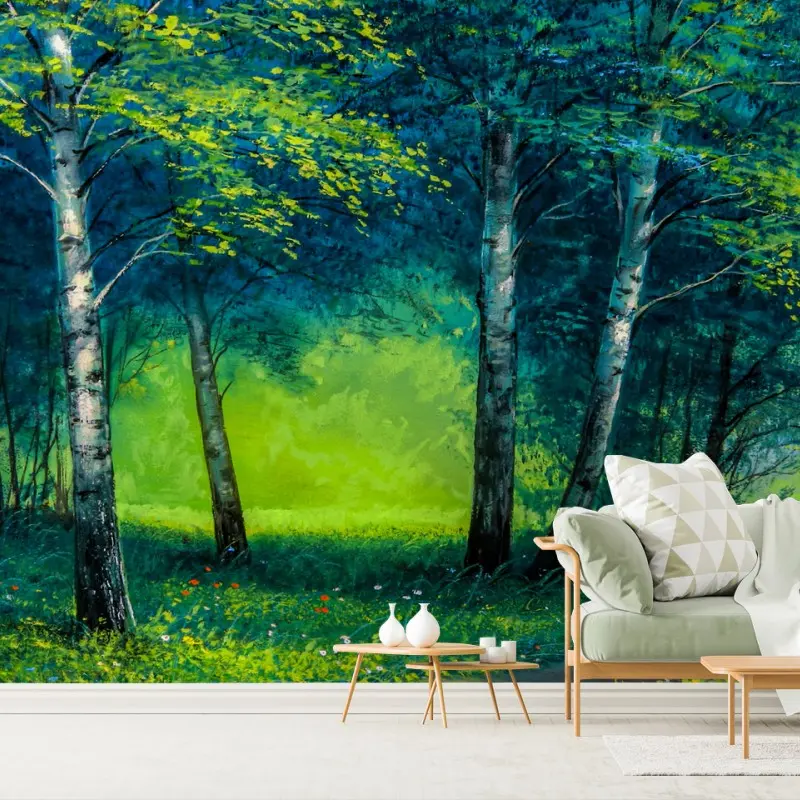 Wall mural sunlit birch path in summer forest