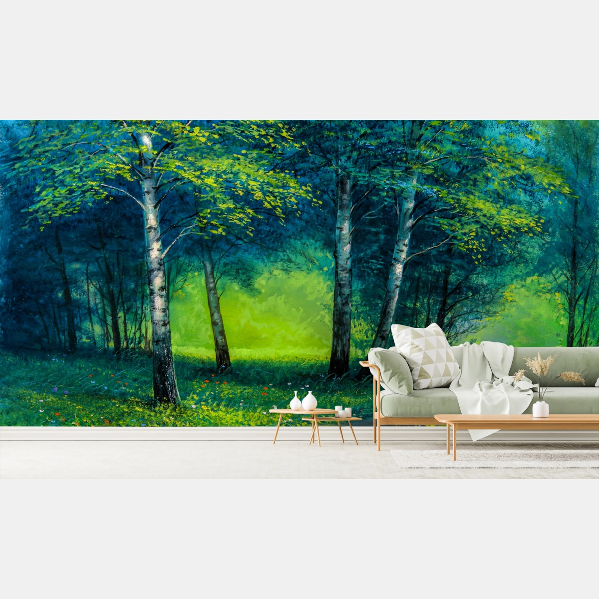 Wall mural sunlit birch path in summer forest • Wallissimo®