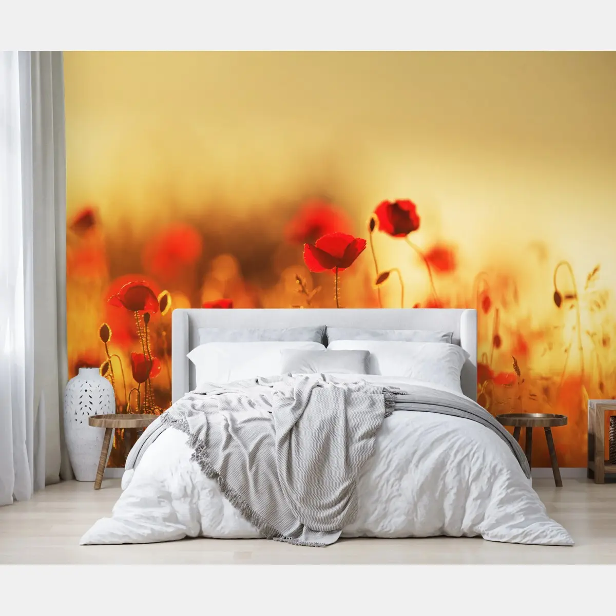 Wall mural golden poppy meadow at sunset • Wallissimo®