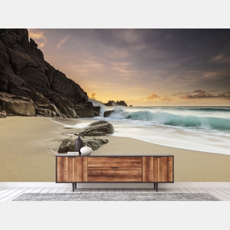 Wall mural serene rocky beach at sunset • Wallissimo®
