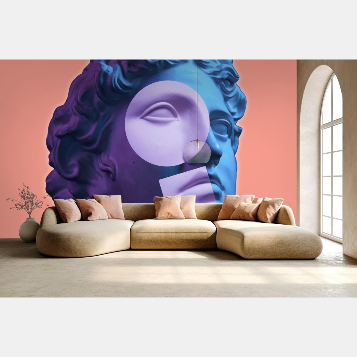 Wall mural duotone classical bust on coral background • Wallissimo®