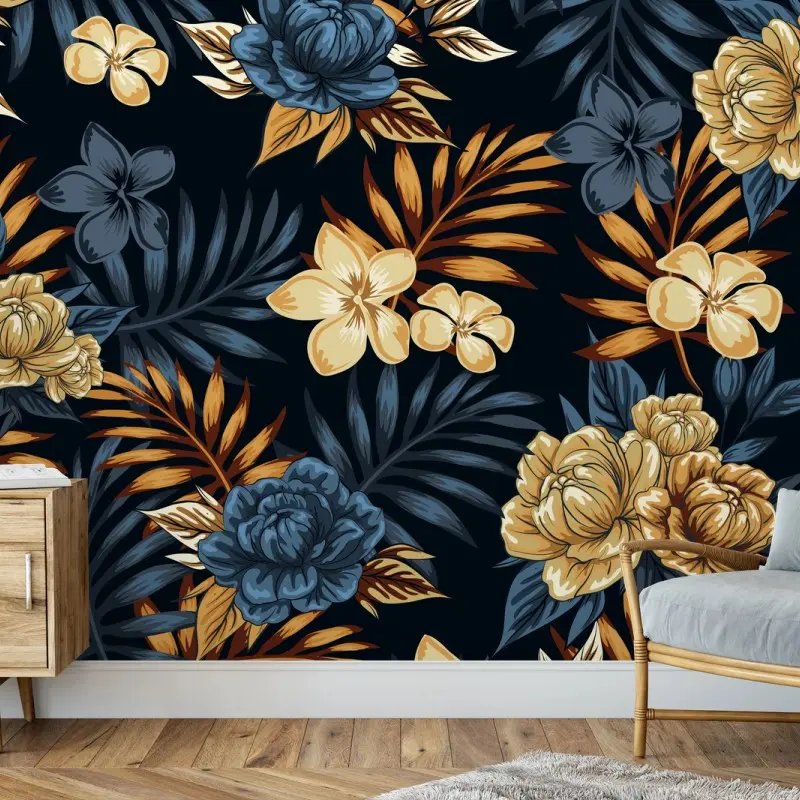Wall mural navy and gold vintage floral pattern