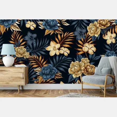 Wall mural navy and gold vintage floral pattern • Wallissimo®