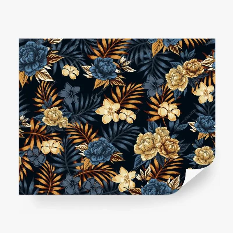 Wall mural navy and gold vintage floral pattern