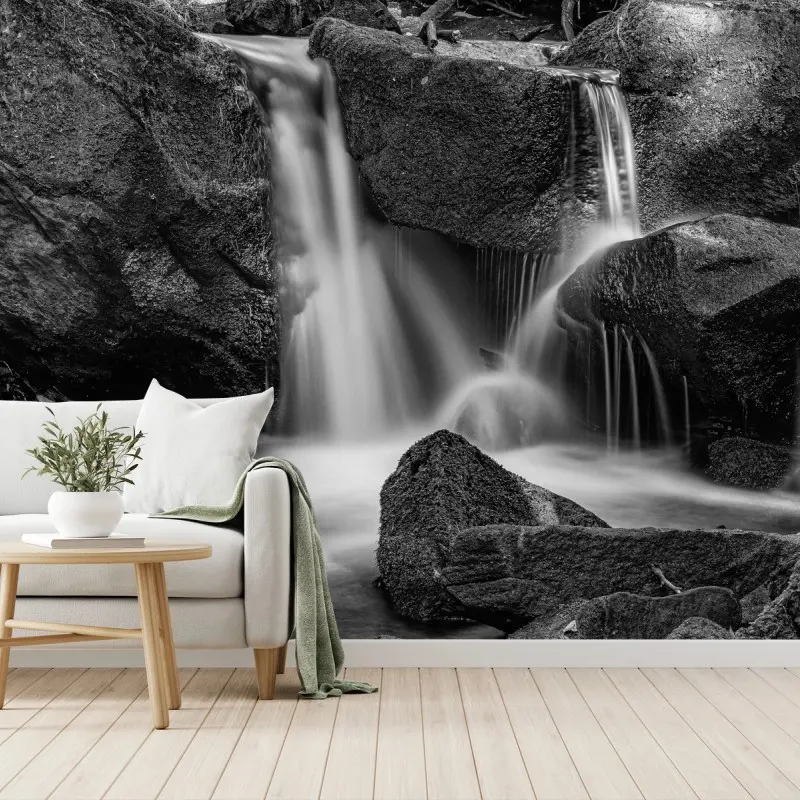 Wall mural serene waterfall in monochrome