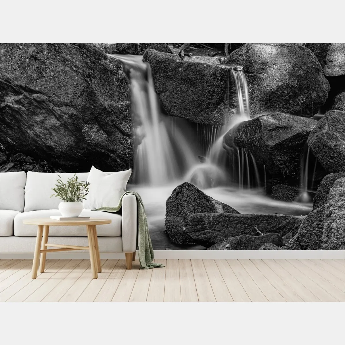 Wall mural serene waterfall in monochrome • Wallissimo®