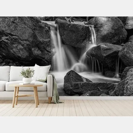 Wall mural serene waterfall in monochrome • Wallissimo®
