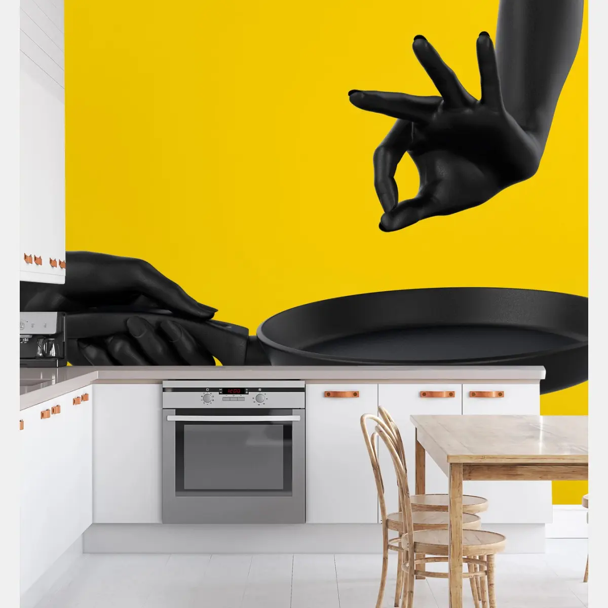 Wall mural black hands with frying pan on yellow • Wallissimo®