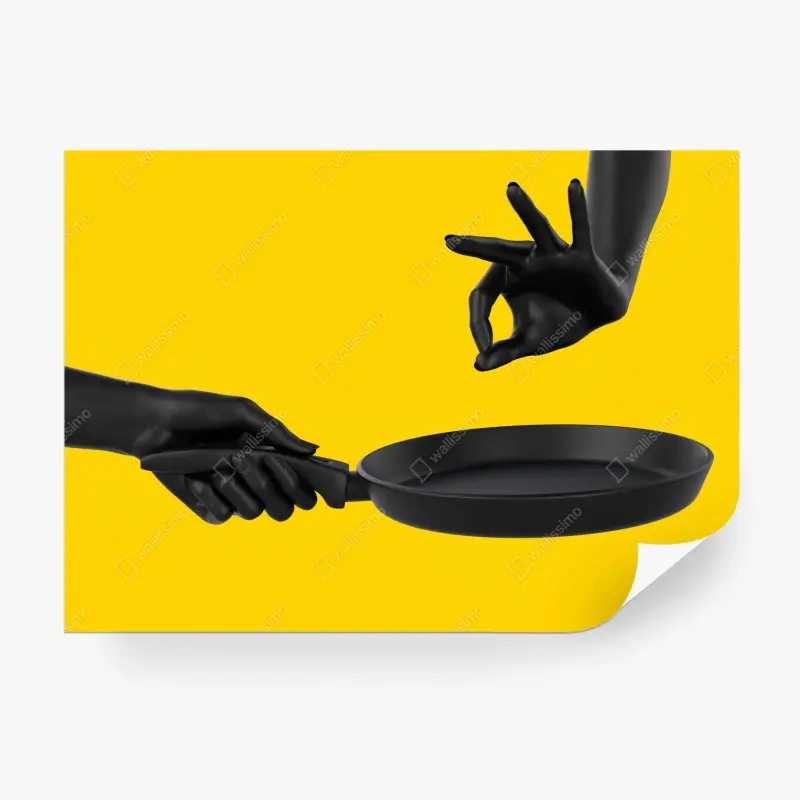 Wall mural black hands with frying pan on yellow