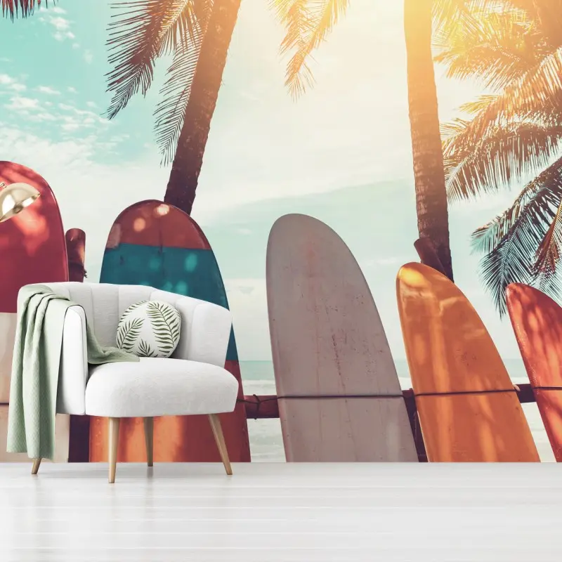 Wall mural surfboards and palm trees beach scene