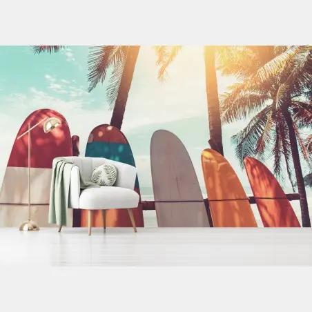 Wall mural surfboards and palm trees beach scene • Wallissimo®