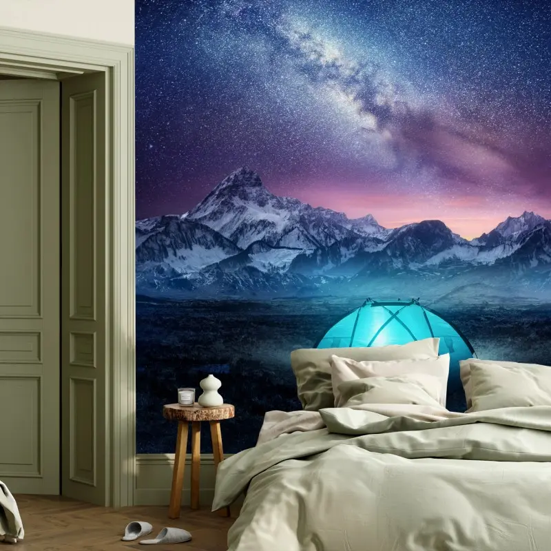 Wall mural glowing tent under the milky way
