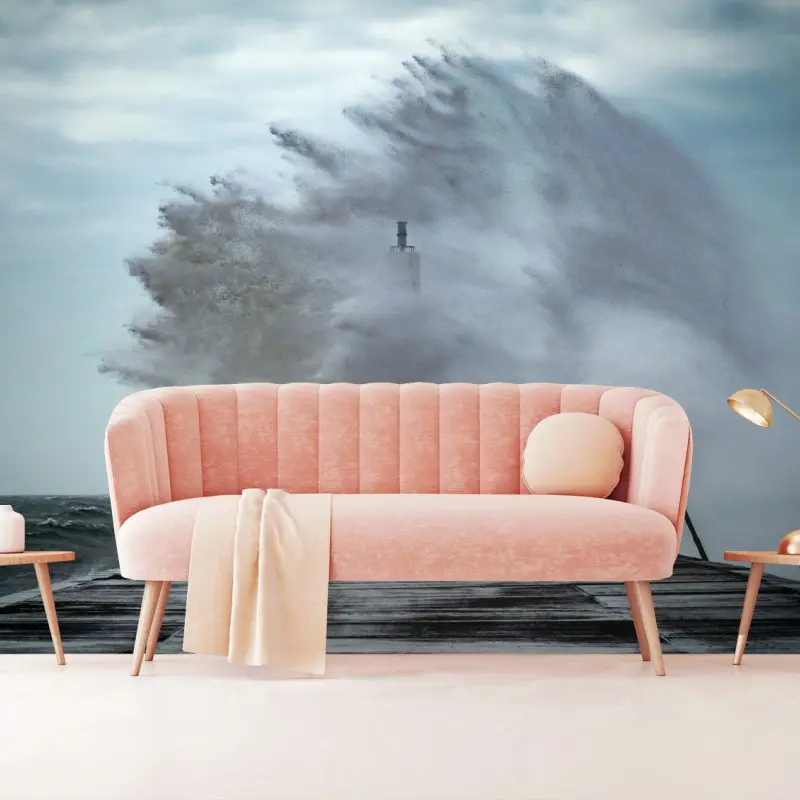 Wall mural stormy wave crashing over pier