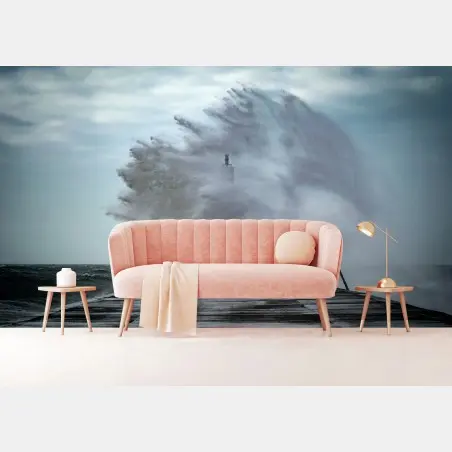 Wall mural stormy wave crashing over pier • Wallissimo®
