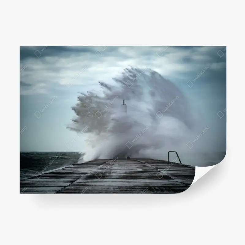 Wall mural stormy wave crashing over pier