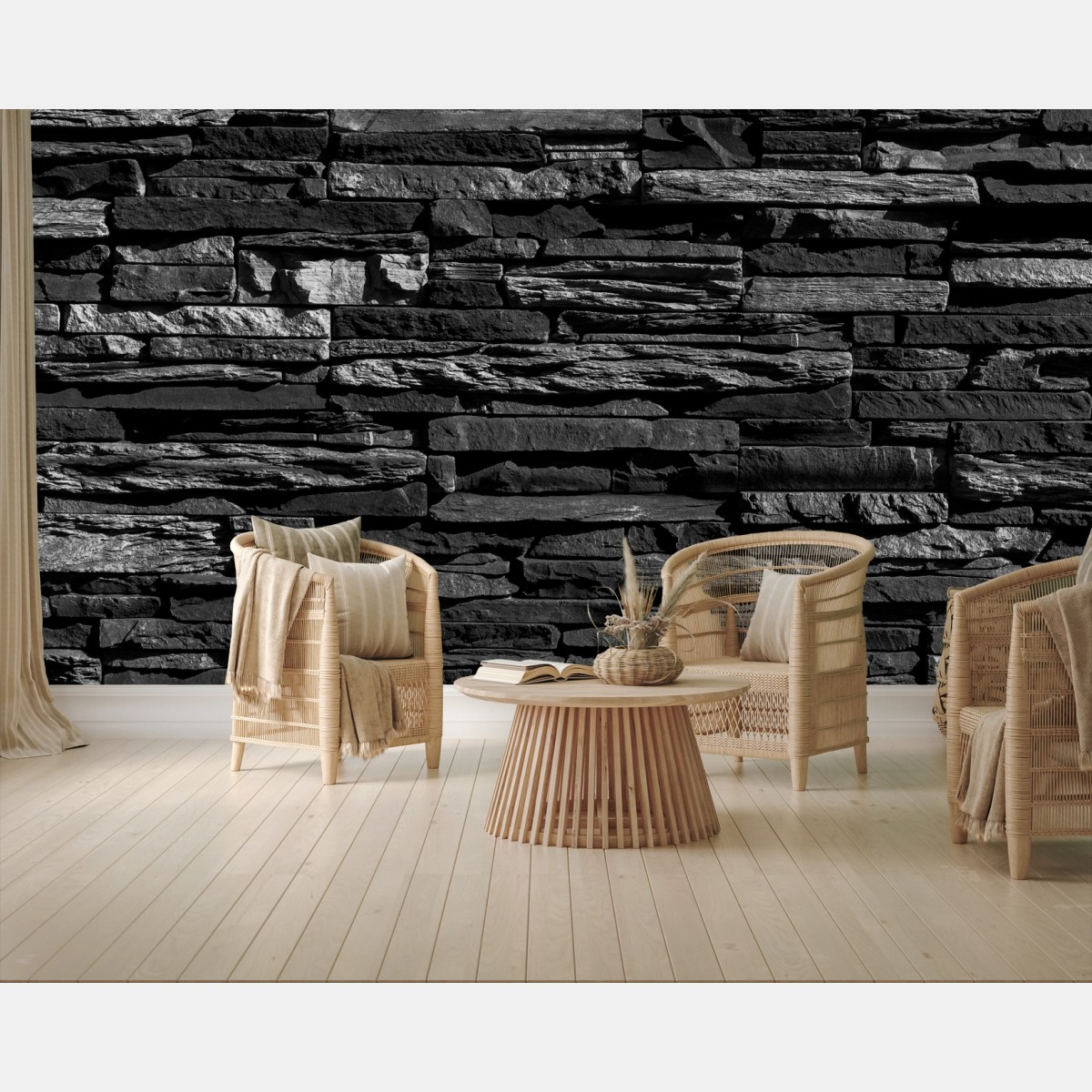Wall mural monochrome stacked stone wall texture • Wallissimo®