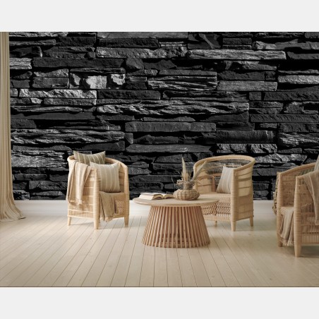 Wall mural monochrome stacked stone wall texture • Wallissimo®