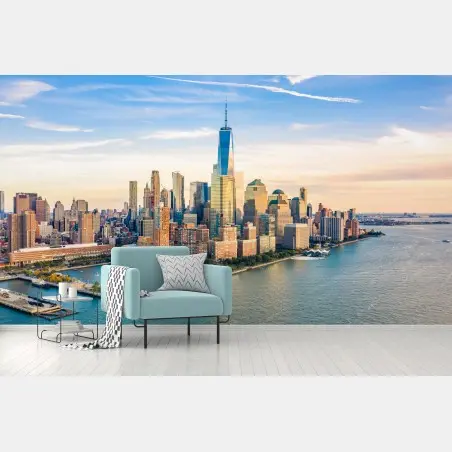 Wall mural lower Manhattan skyline at sunset • Wallissimo®