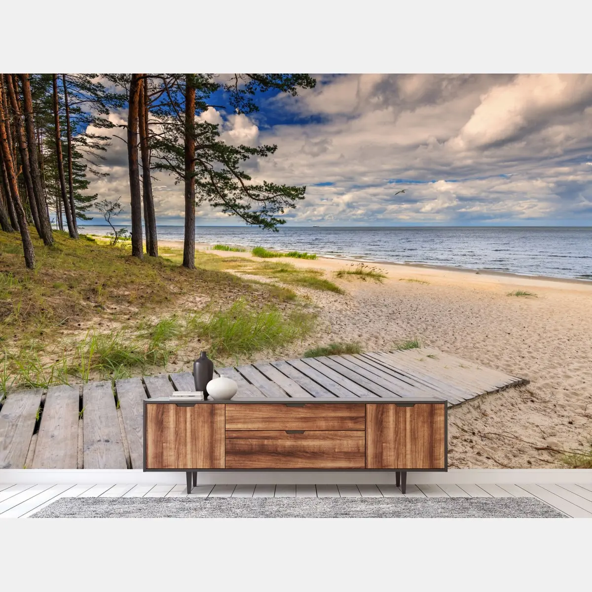 Wall mural tranquil pine beach seascape • Wallissimo®
