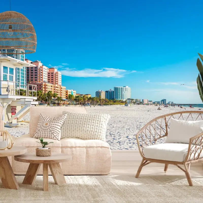 Wall mural sunny beach skyline with lifeguard tower