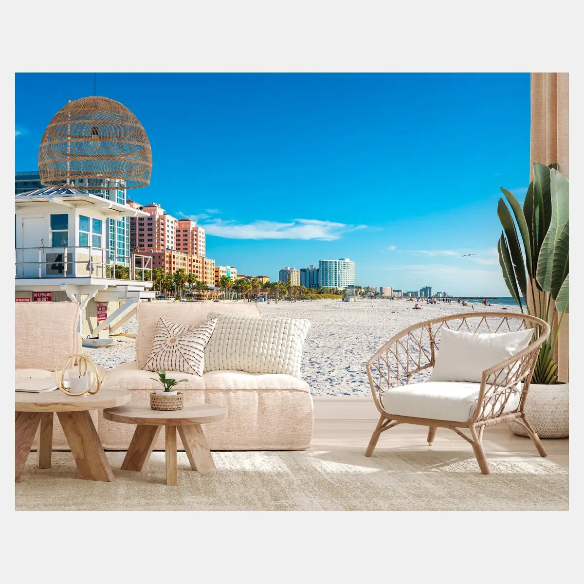 Wall mural sunny beach skyline with lifeguard tower • Wallissimo®