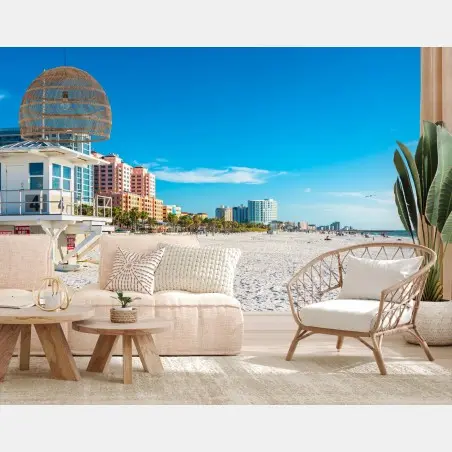Wall mural sunny beach skyline with lifeguard tower • Wallissimo®