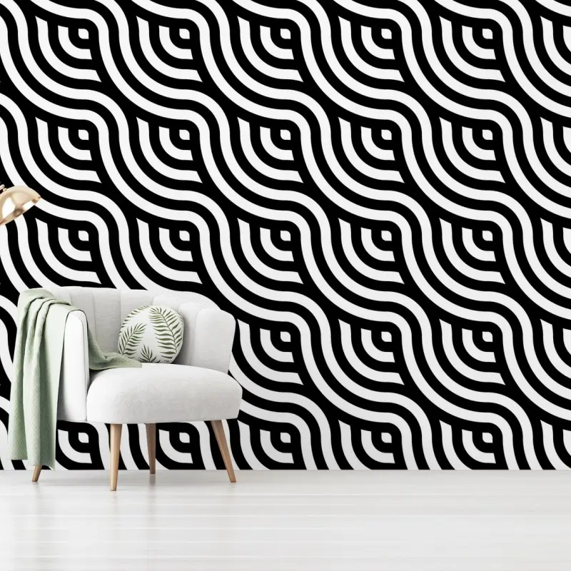 Wall mural black and white geometric wave pattern