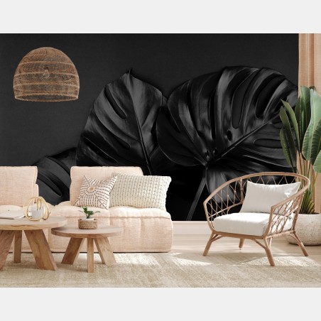 Wall mural black monstera leaves on dark background • Wallissimo®