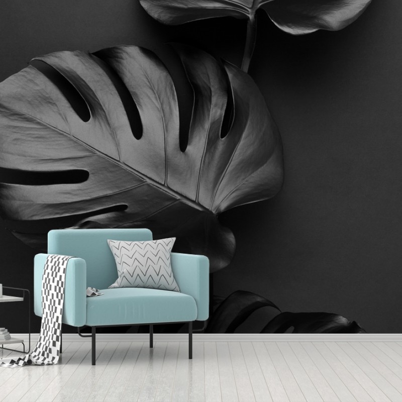 Wall mural black monstera leaves composition