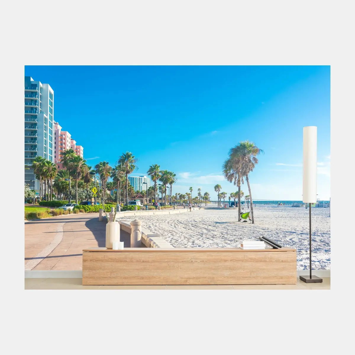 Wall mural sunny palm-lined beach promenade • Wallissimo®