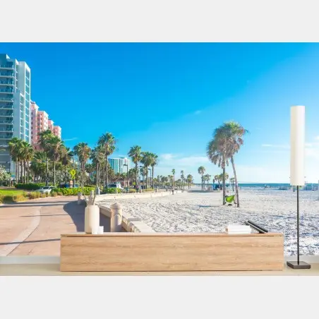 Wall mural sunny palm-lined beach promenade • Wallissimo®