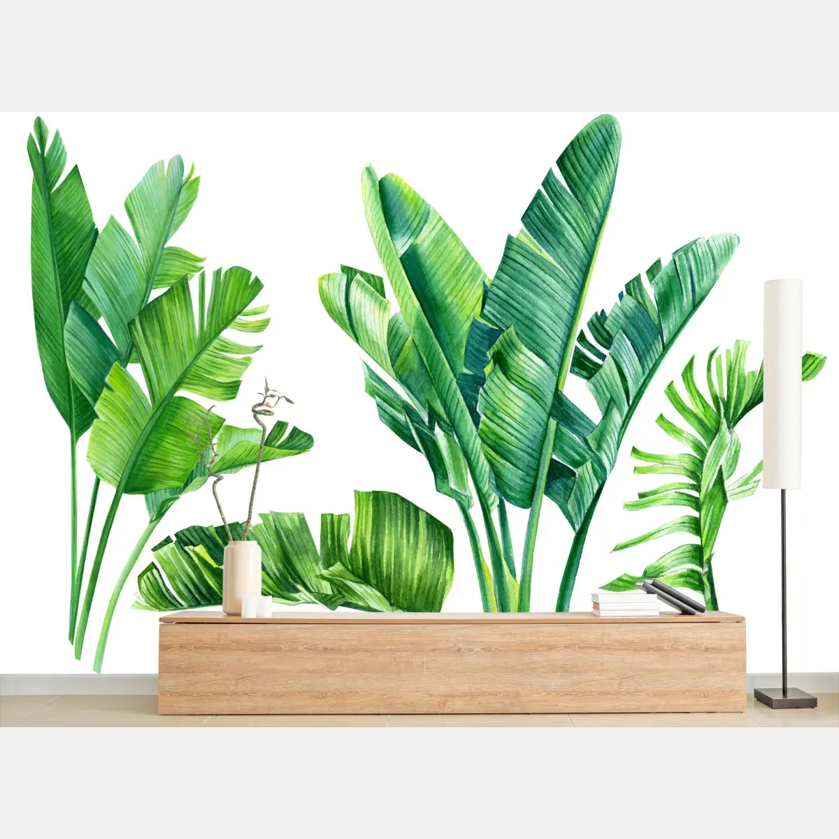 Wall mural tropical banana leaf watercolor composition • Wallissimo®