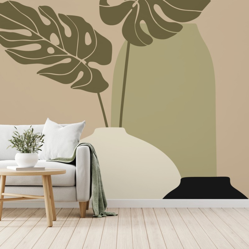 Wall mural minimal monstera vase composition