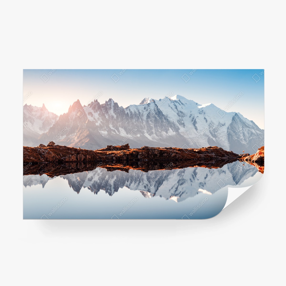 Wall mural alpine mountains reflected in a tranquil lake • Wallissimo® Wall mural alpine mountains reflected in a tranquil lake • Wallissimo®