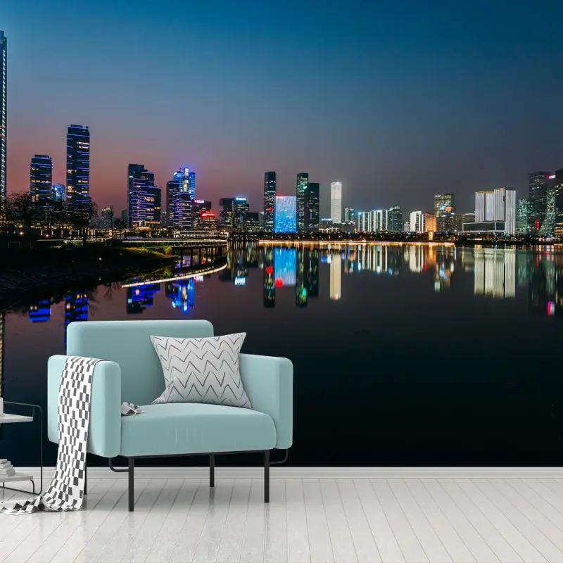 Wall mural city skyline reflected at dusk