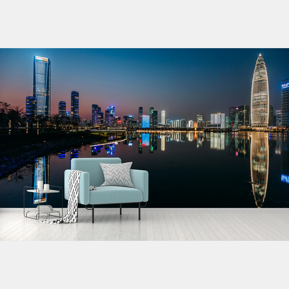 Wall mural city skyline reflected at dusk • Wallissimo®