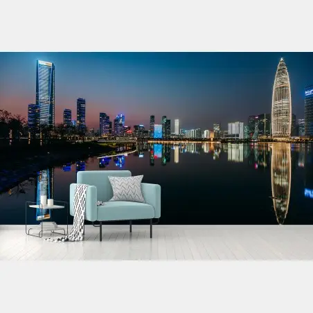 Wall mural city skyline reflected at dusk • Wallissimo®
