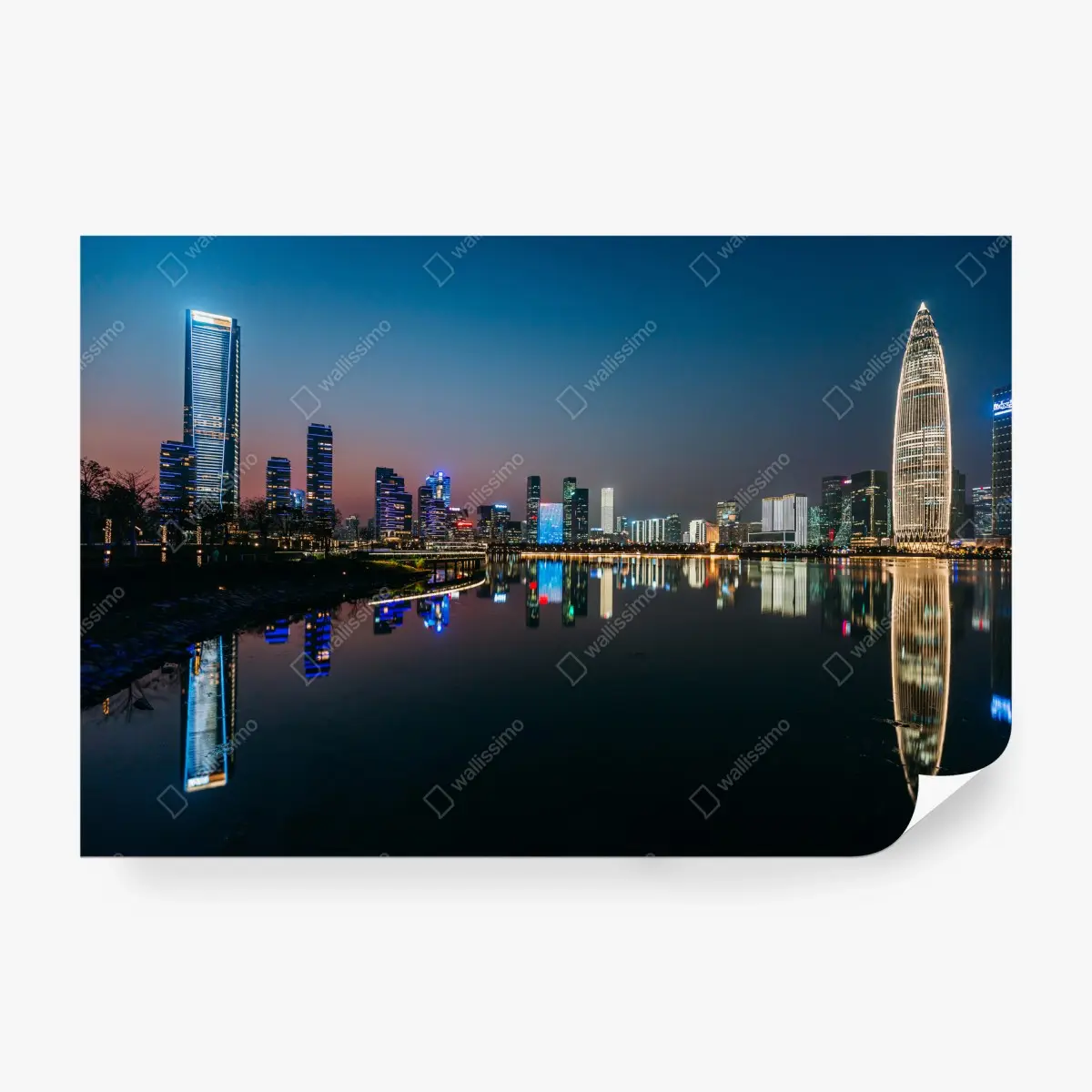 Wall mural city skyline reflected at dusk • Wallissimo®