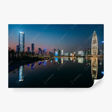 Wall mural city skyline reflected at dusk • Wallissimo®